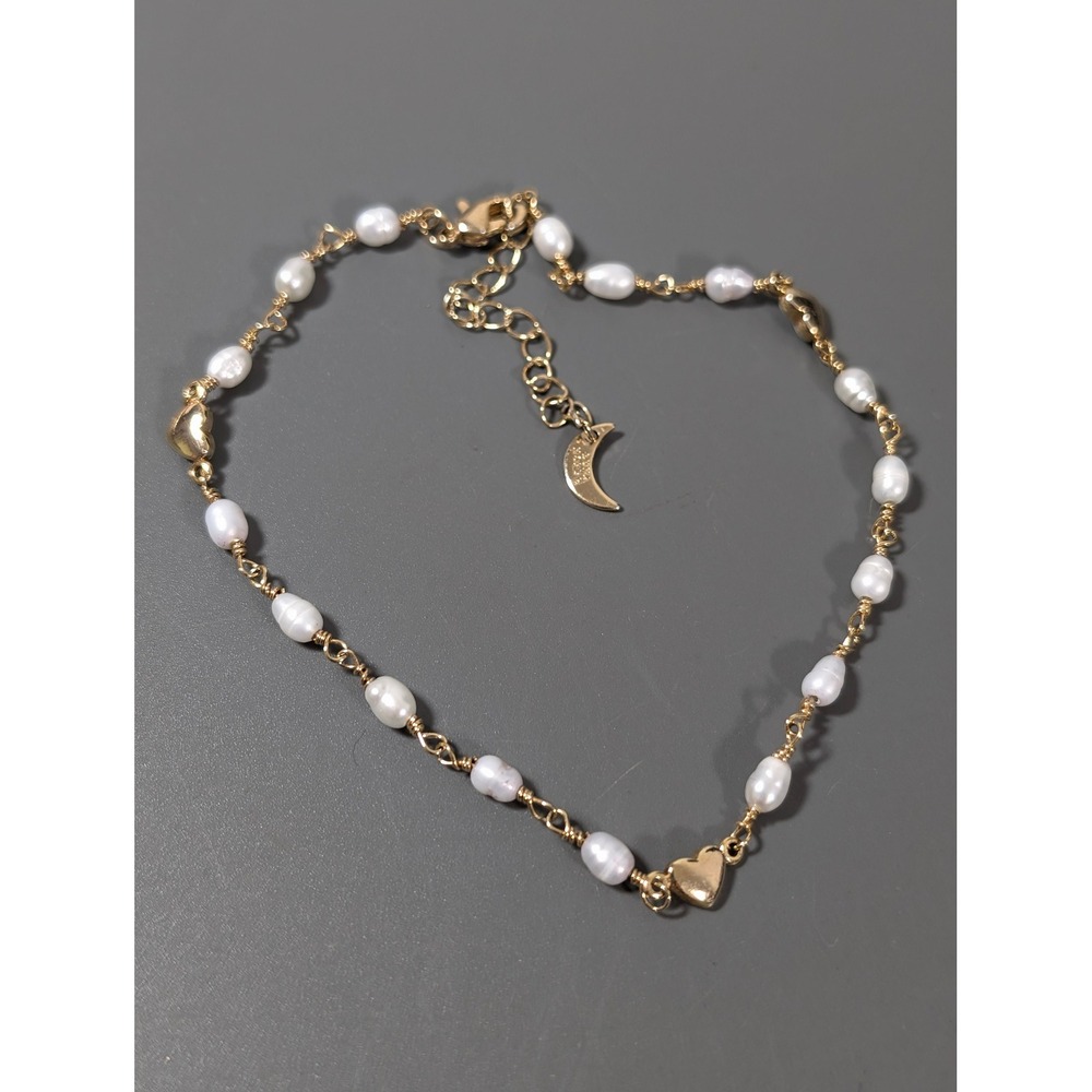 Luna Norte Freshwater Pearl Heart Bead Gold Tone Anklet 10.5 Inch Coastal
